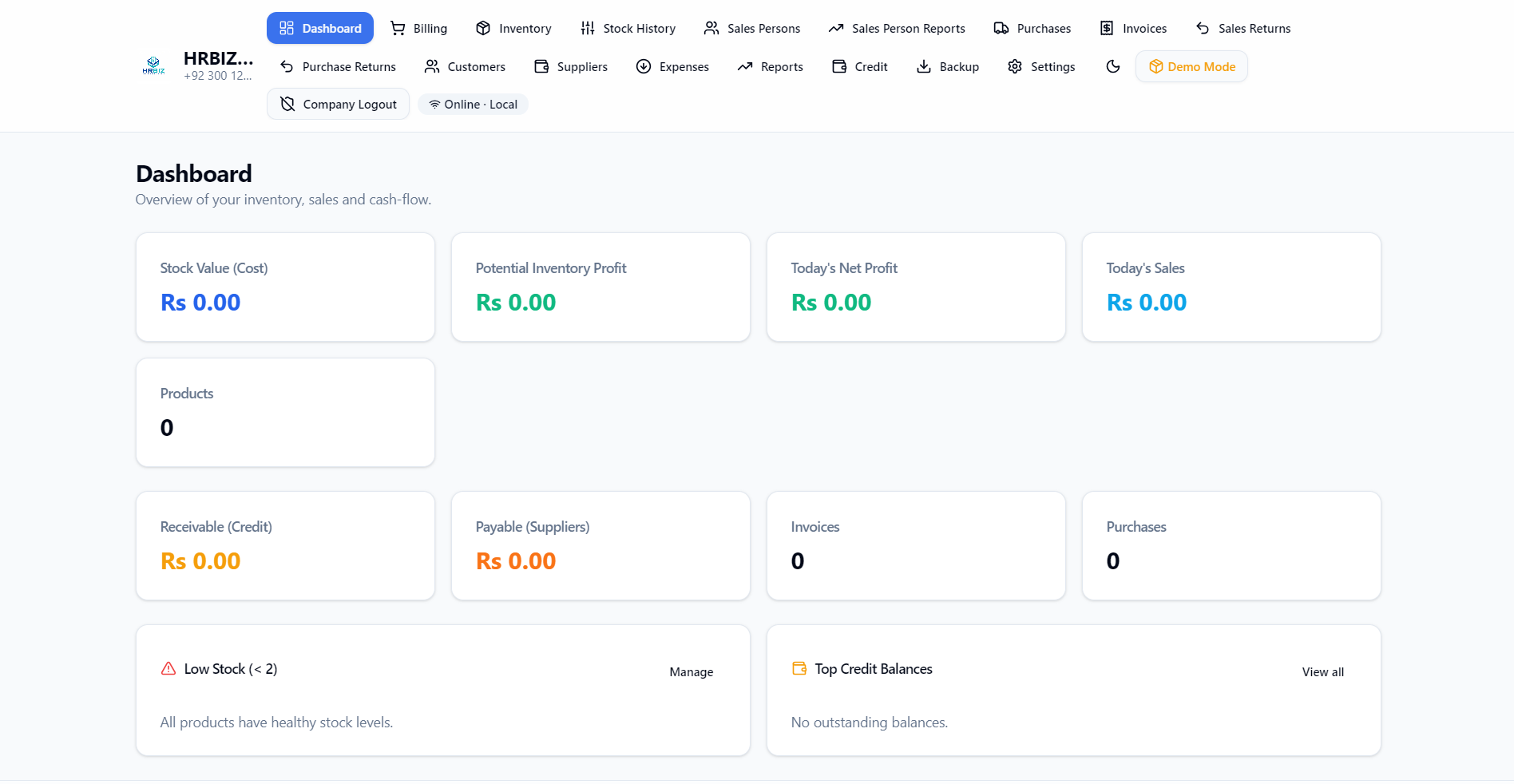 Authentic HRBIZ Dashboard displayed in Light Mode with the Classic (top tabs) layout