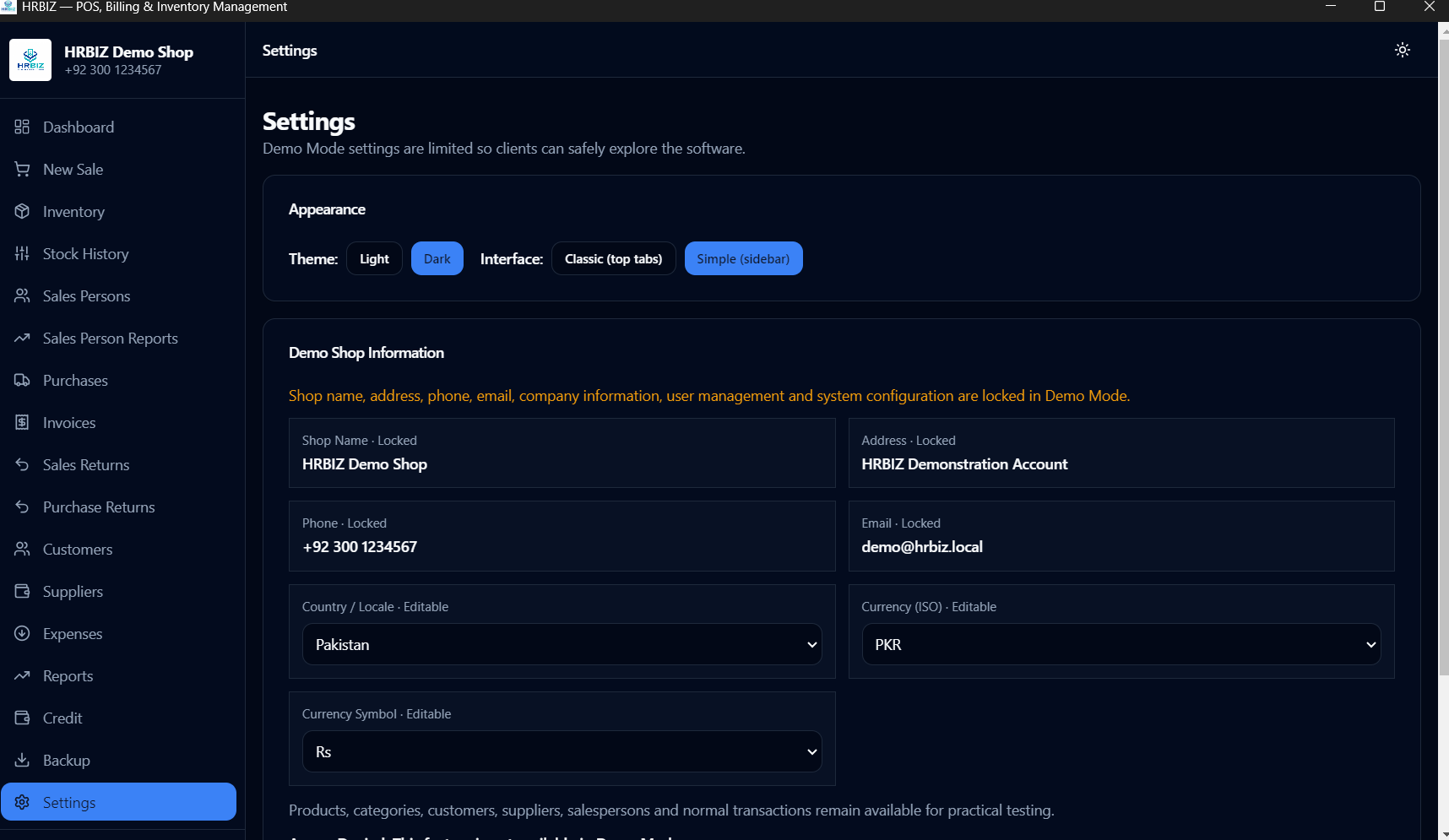Authentic HRBIZ Settings interface in Dark Mode with the Simple sidebar layout
